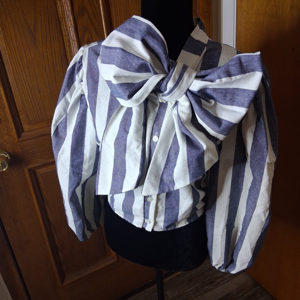 Striped Bow Front Blouse in Denim and White - Picture 4 of 4